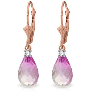 14K Solid Rose Gold Leverback Earrings Diamond & Pink Topaz