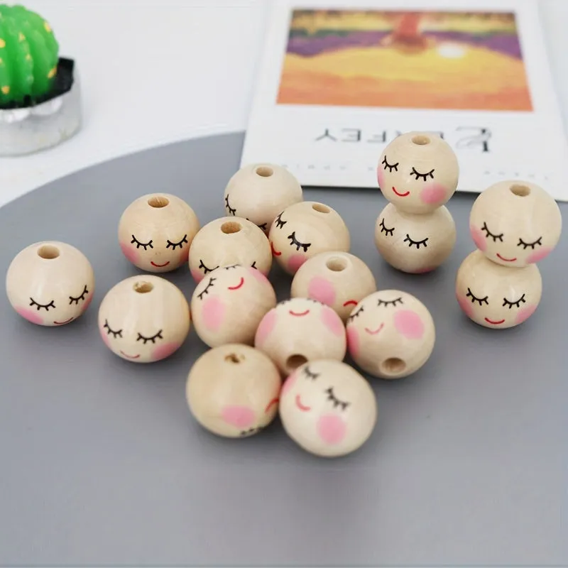 15 Smiling Doll Head Wooden Beads for Jewelry Making