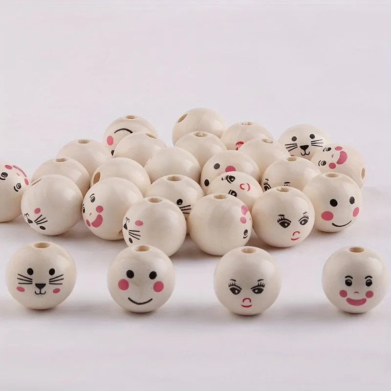 15 Smiling Doll Head Wooden Beads for Jewelry Making