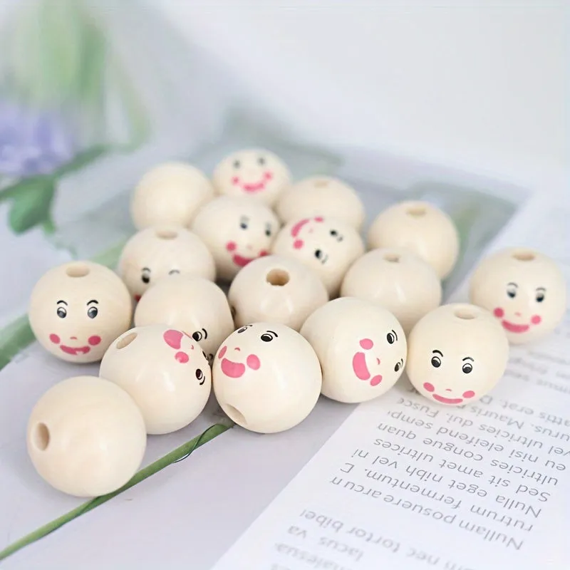 15 Smiling Doll Head Wooden Beads for Jewelry Making