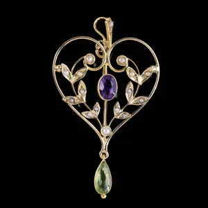 Antique Edwardian Suffragette Heart Pendant 9Ct Gold Peridot Amethyst Circa 1910