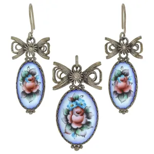 Art Deco Sterling Hand-Painted Porcelain Earrings   Pendant Set