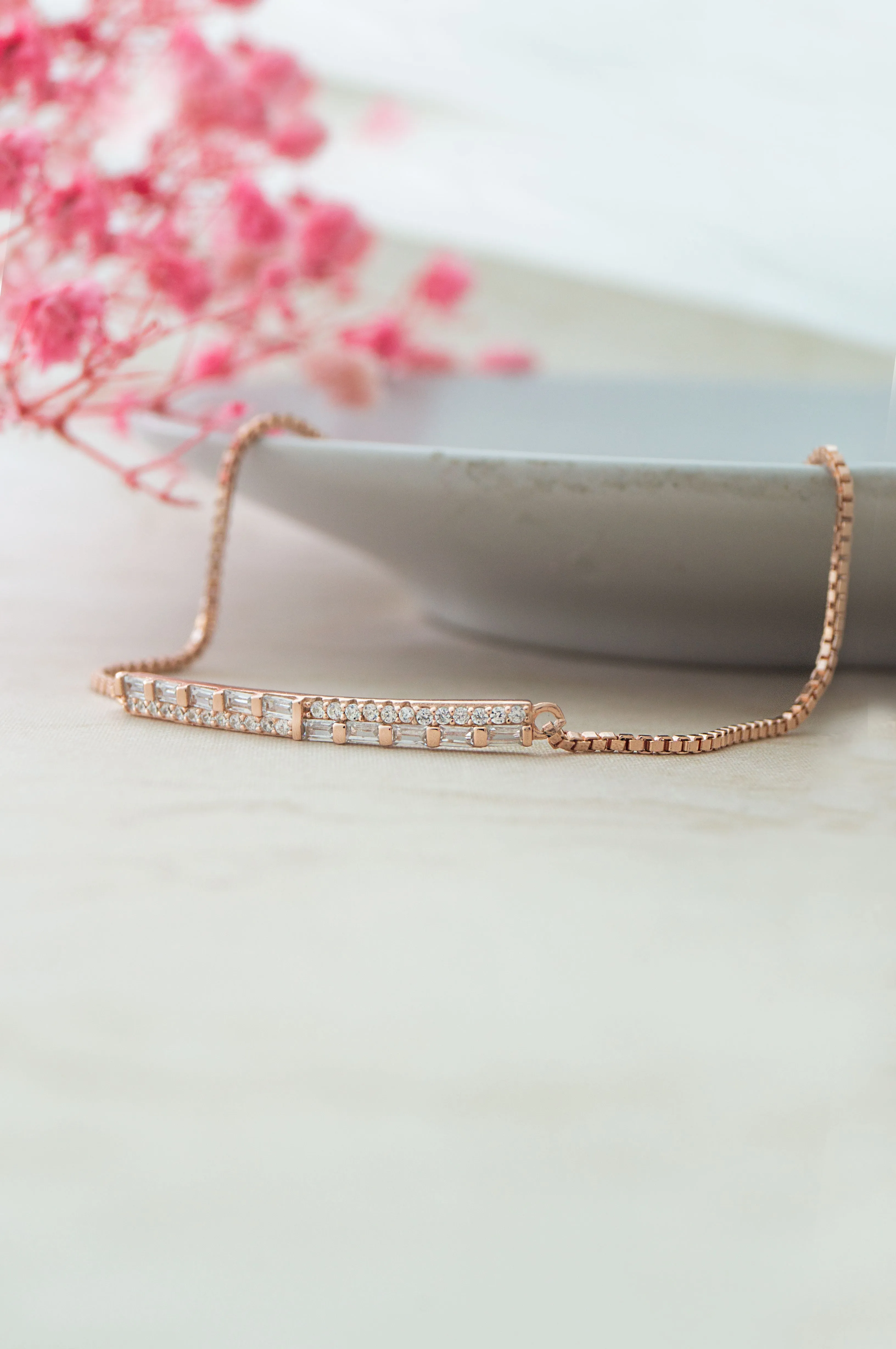 Baguetty Bar Rose Gold Plated Sterling Silver Adjustable Bracelet