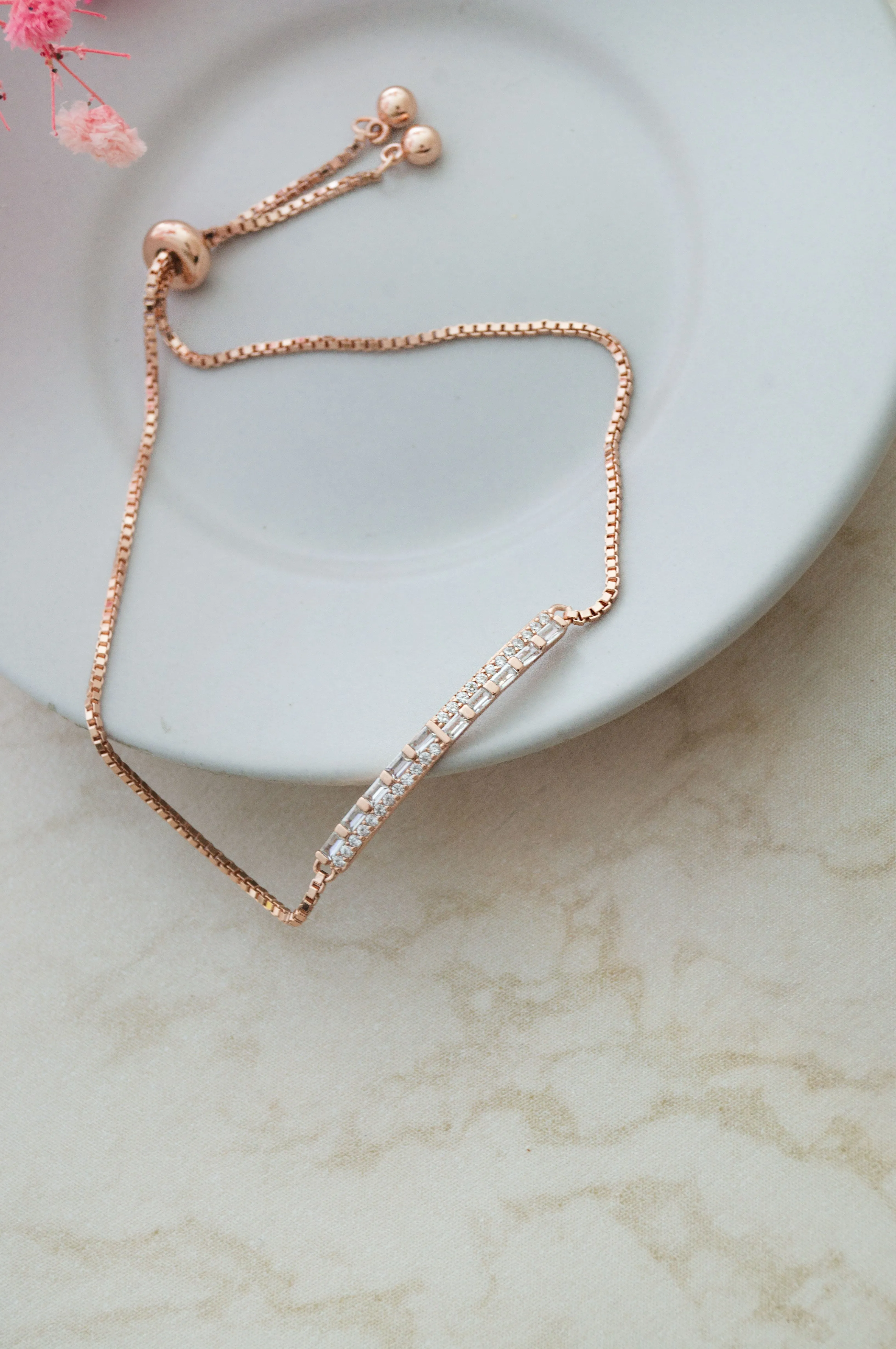 Baguetty Bar Rose Gold Plated Sterling Silver Adjustable Bracelet