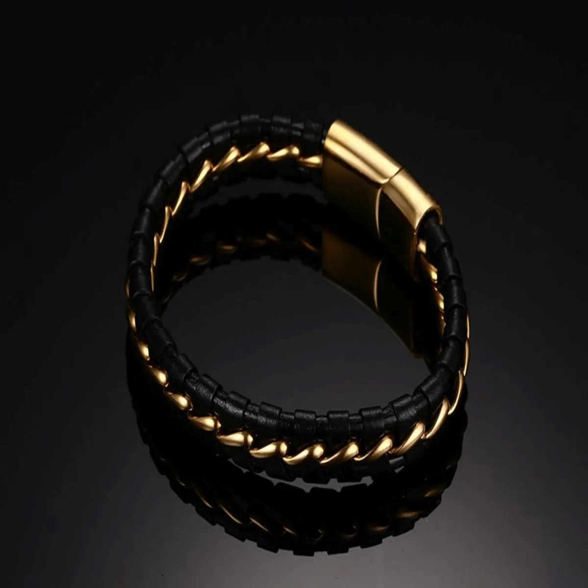 Black Braided Leather Gold Stainless Steel Bracelet For Men