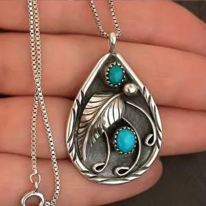 Boho Vintage Pendant Necklace with Turquoise Feather for WomenMen