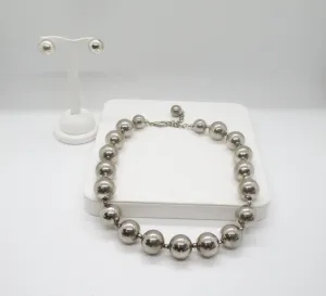 Bold Silver Bead Necklace and Earrings Set