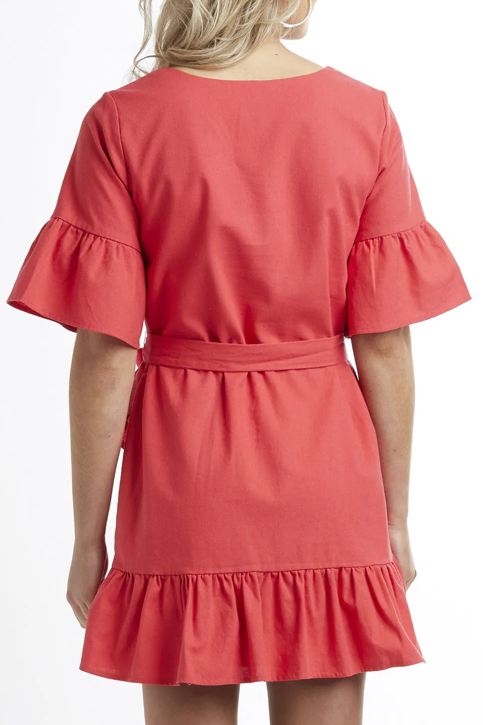 Confident SS Ruffle Shift Raspberry Linen Dress