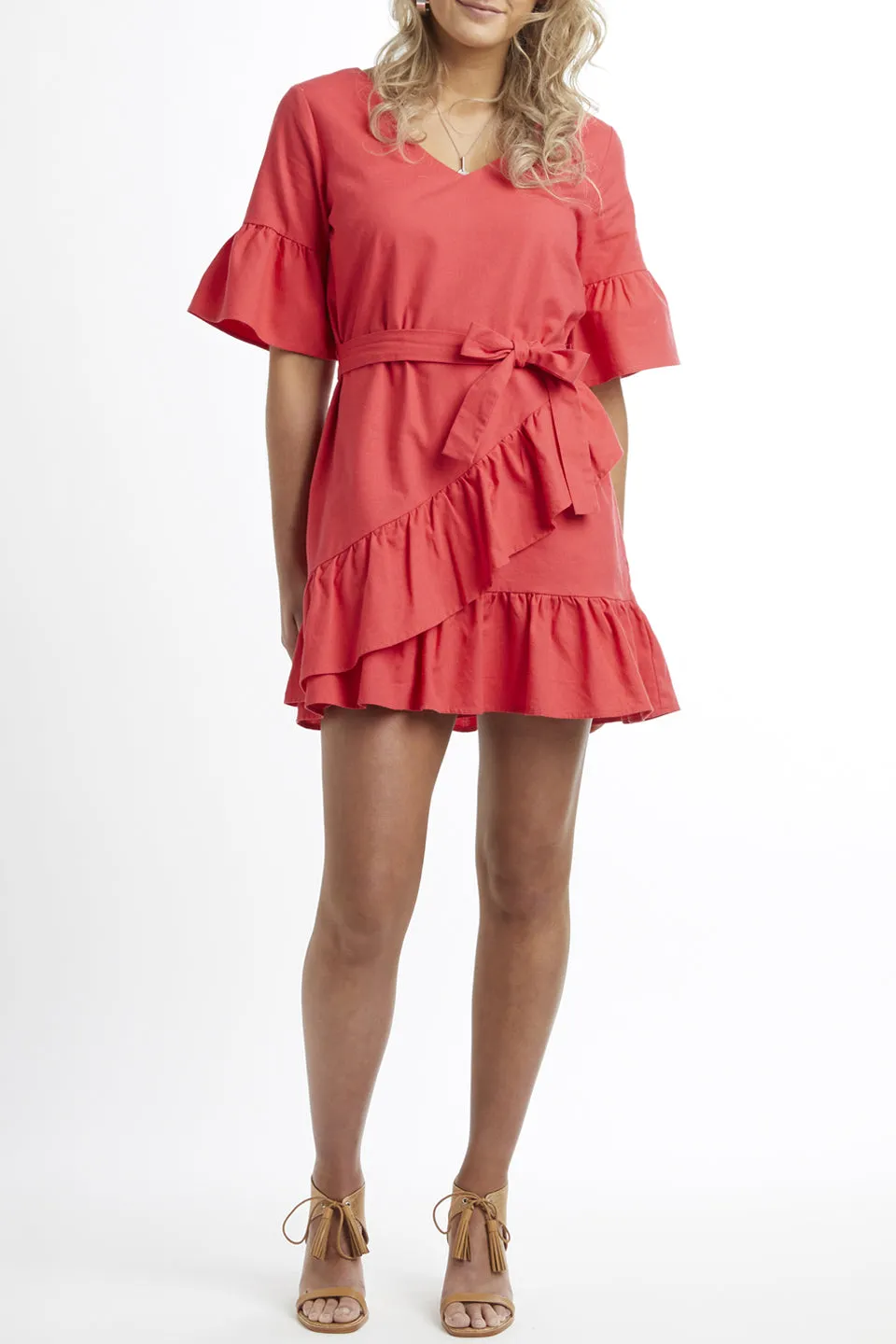 Confident SS Ruffle Shift Raspberry Linen Dress