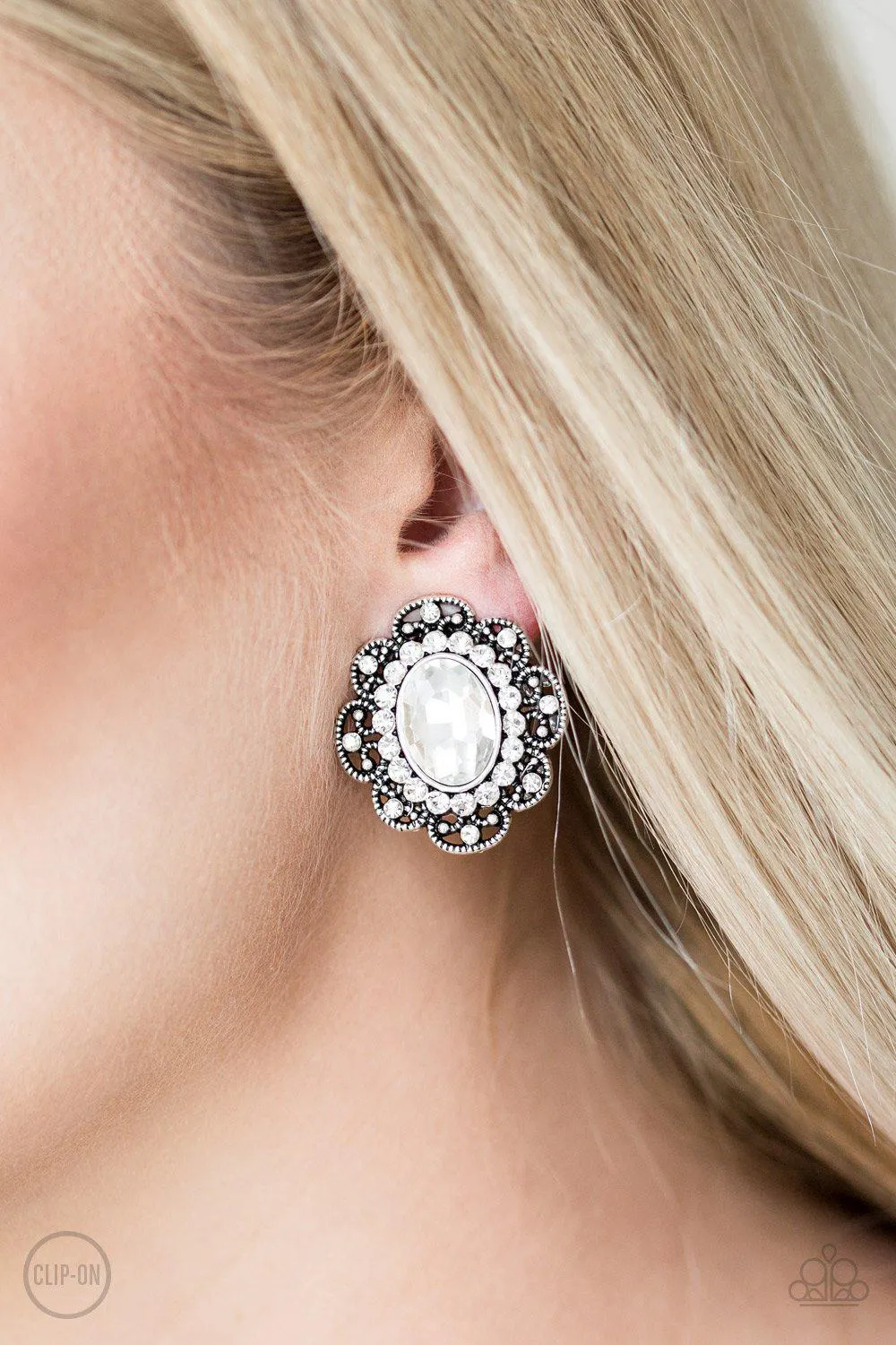 Dine and Dapper White Clip On Earrings - Paparazzi Accessories