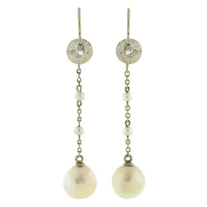 Edwardian 14kt Natural Pearl & Diamond Drop Earrings