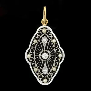 Edwardian Pearl, Diamond & Enamel Filigree Pendant