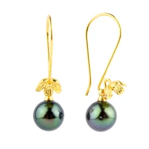 Flashy Peacock Green Tahitian Pearl Hibiscus Hook Earrings