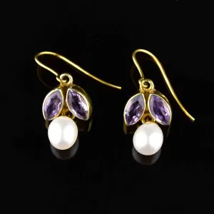 Gold Amethyst Baroque Pearl Dangle Earrings