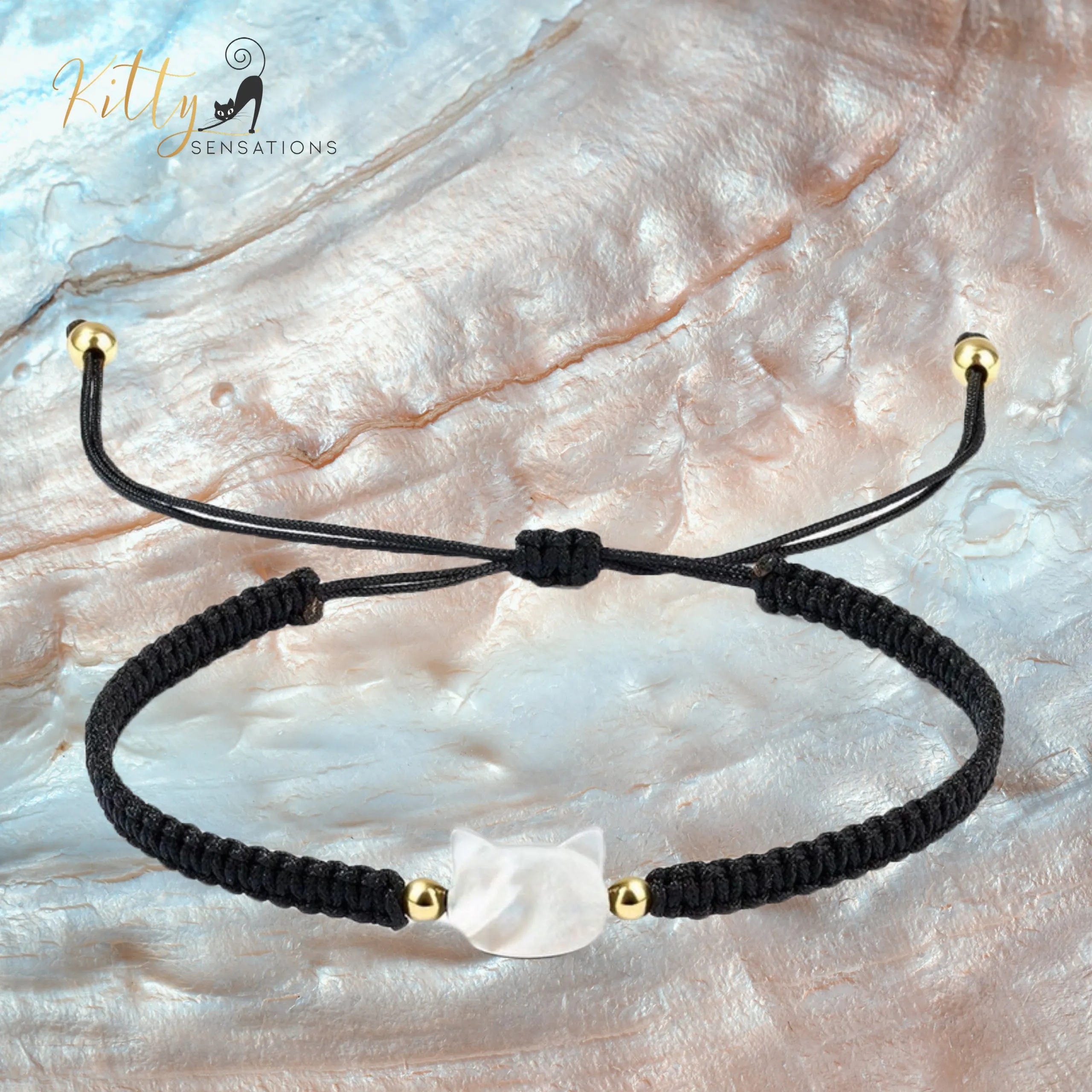 Natural Mother-of-Pearl and Braided Cord Cat Bracelet (Adjustable Size)