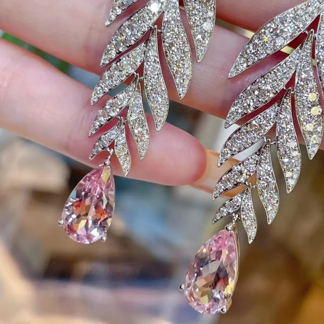 Original Elegant Leaf Fashion Zircon Pink Sapphire Earrings - 925 Sterling Silver