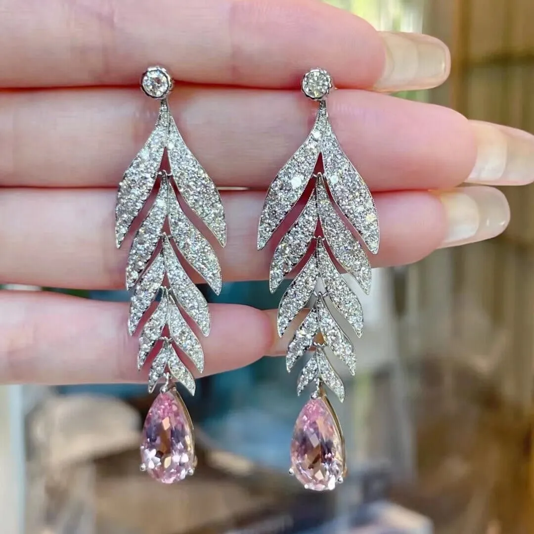 Original Elegant Leaf Fashion Zircon Pink Sapphire Earrings - 925 Sterling Silver