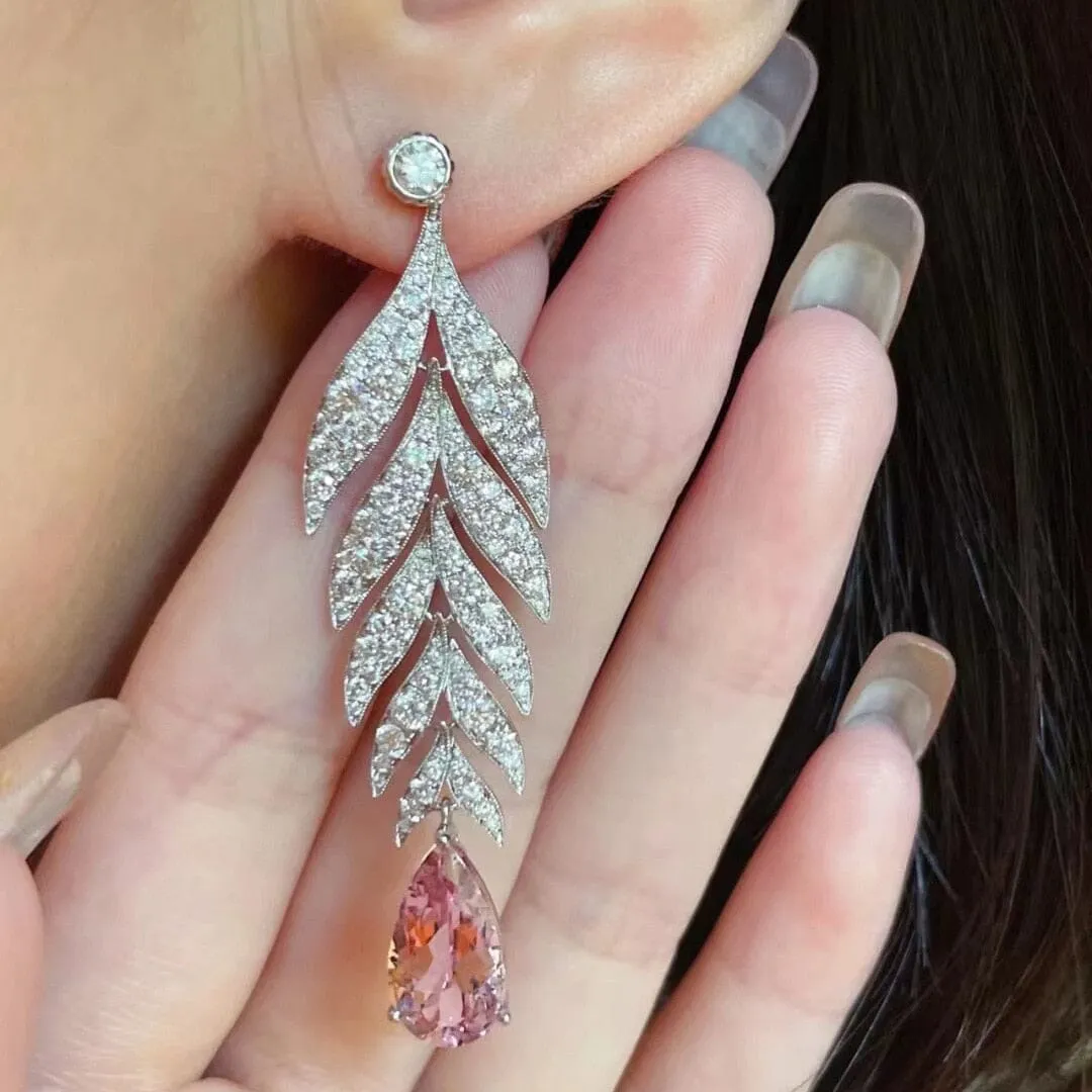 Original Elegant Leaf Fashion Zircon Pink Sapphire Earrings - 925 Sterling Silver