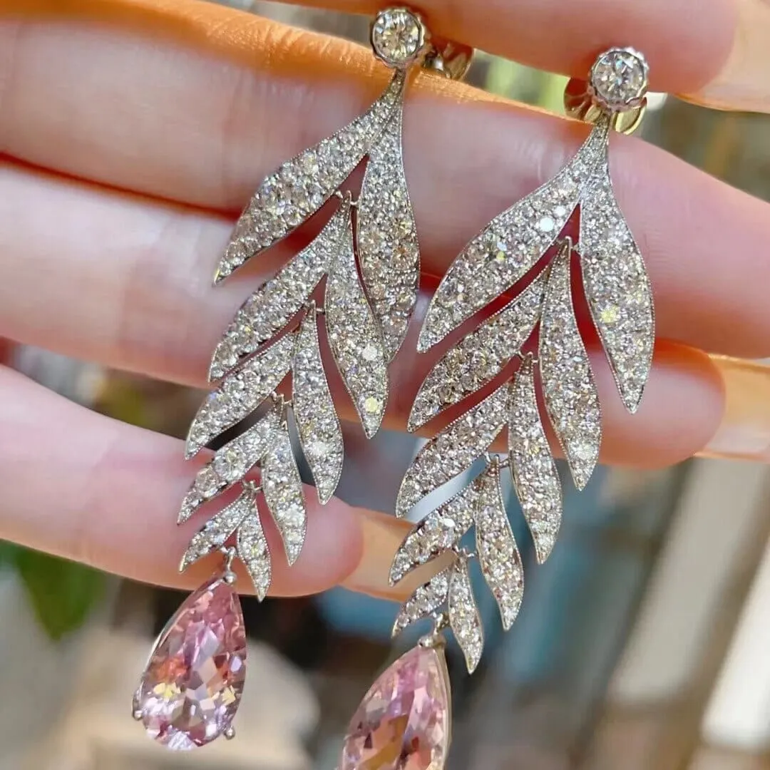 Original Elegant Leaf Fashion Zircon Pink Sapphire Earrings - 925 Sterling Silver