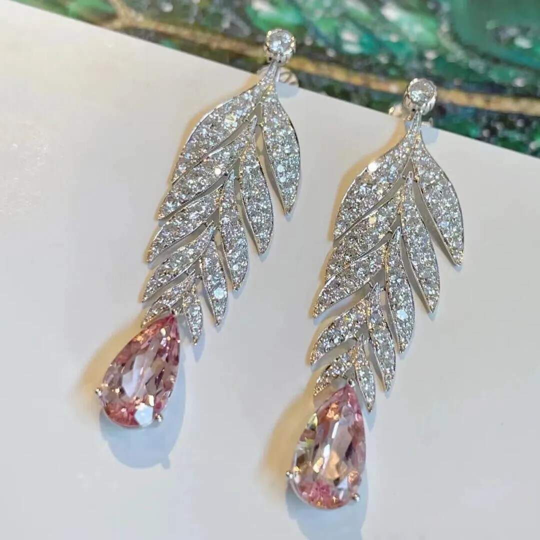 Original Elegant Leaf Fashion Zircon Pink Sapphire Earrings - 925 Sterling Silver