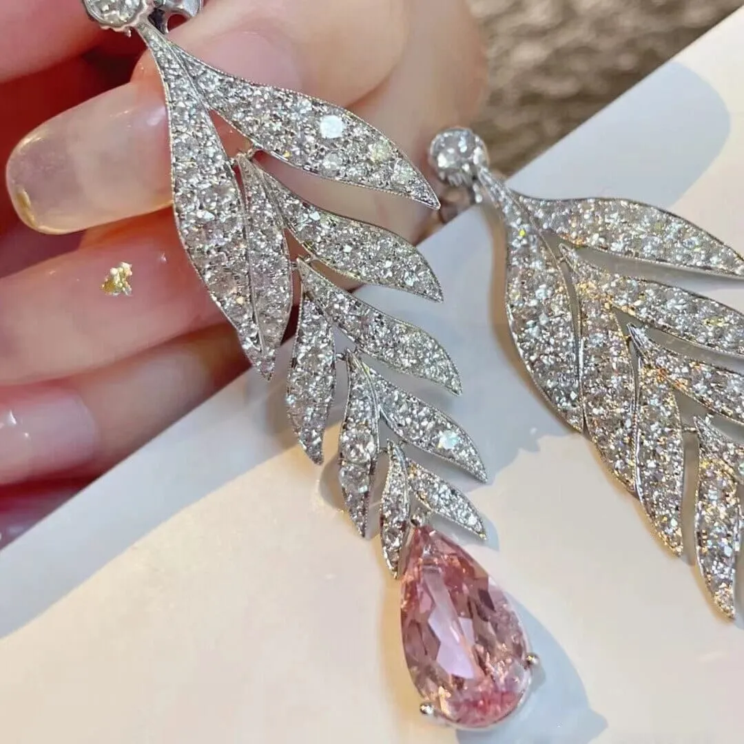 Original Elegant Leaf Fashion Zircon Pink Sapphire Earrings - 925 Sterling Silver