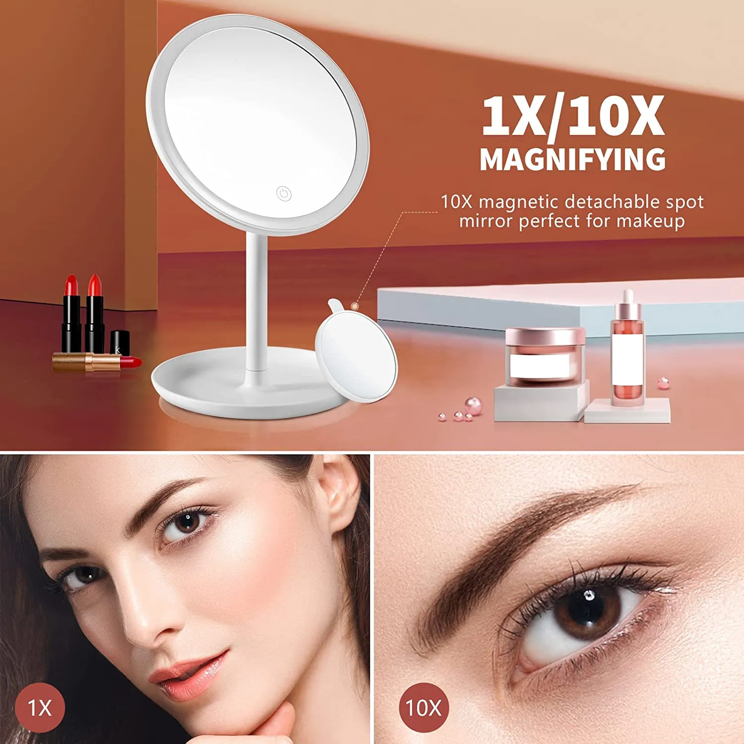 Rechargeable Lighted Makeup Mirror, 1X 10X Magnifying 50 LED Lights Vanity Mirror With Detachable Storage Tray