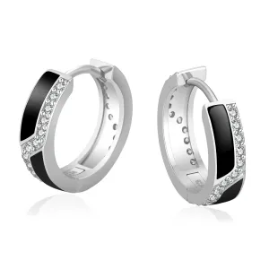 S925 Silver Iced Black Hoop Earrings in White Gold - 15mm