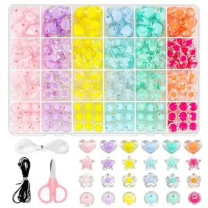 SANNIDHI 174Pcs Acrylic Beads For Jewellery Making Kit, Macaron Color Crystal Beads For Bracelet Making, Double Layer Star Heart Flower Round Cute Aesthetic Beads For Diy Hair Ties, Multicolour