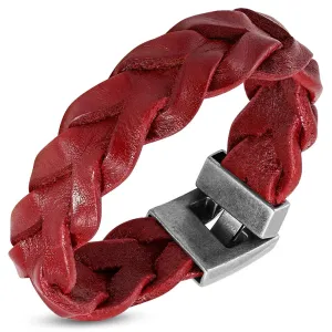 Stainless Steel Brown Black Red Braided Leather Men's Wristband Bracelet, 8"