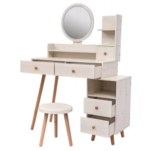 Stylish Vanity Table   Cushioned Stool, Touch Control LED Mirror, Large Capacity Storage Cabinet, 5 Drawers, Fashionable Makeup Furniture, Length Adjustable(L31.5"-43.2"x W15.8" x H48.1")