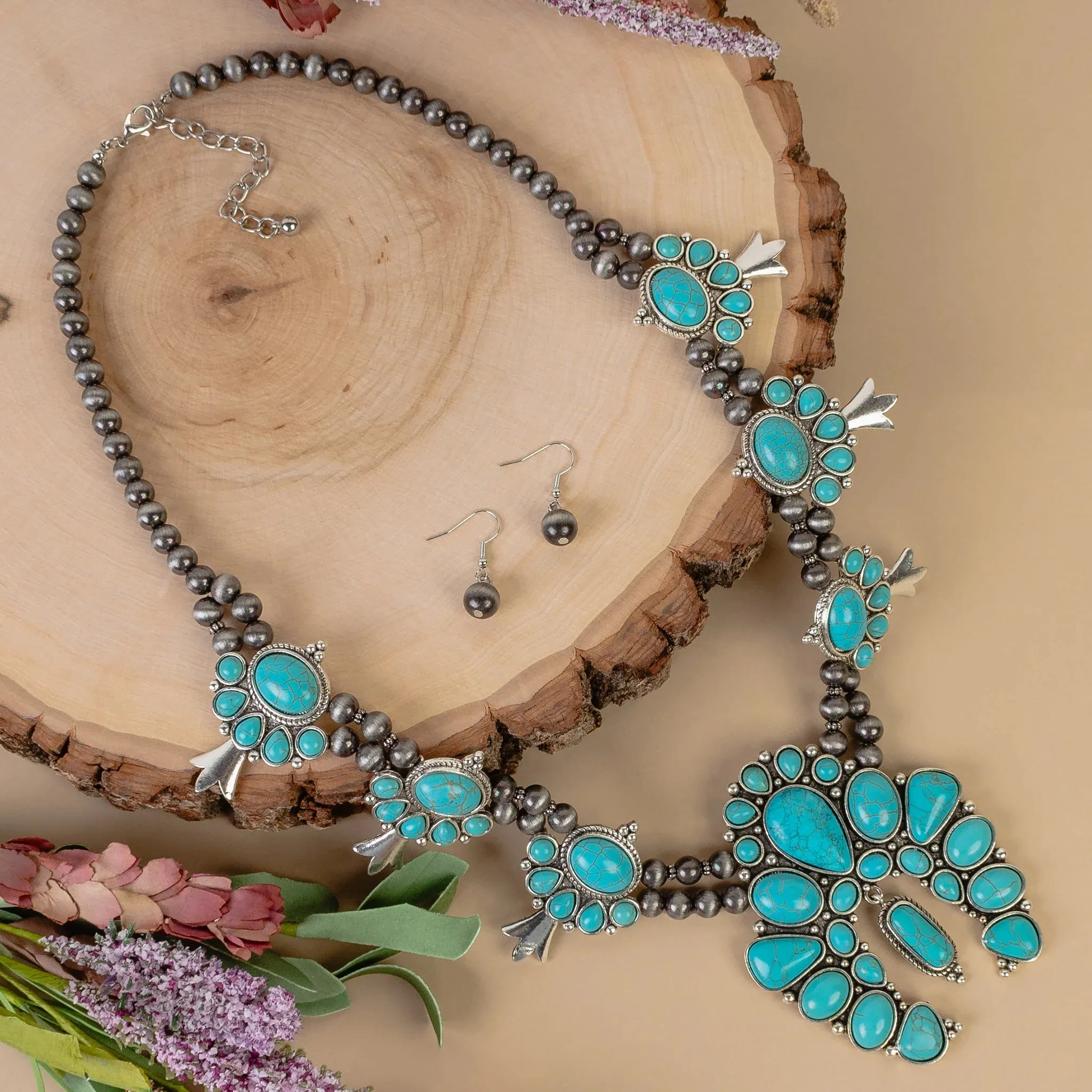 Turquoise Squash Blossom Pearl Beaded Necklace