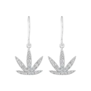 White Gold Modern Leaf Hook Earrings White Diamond Emeralds