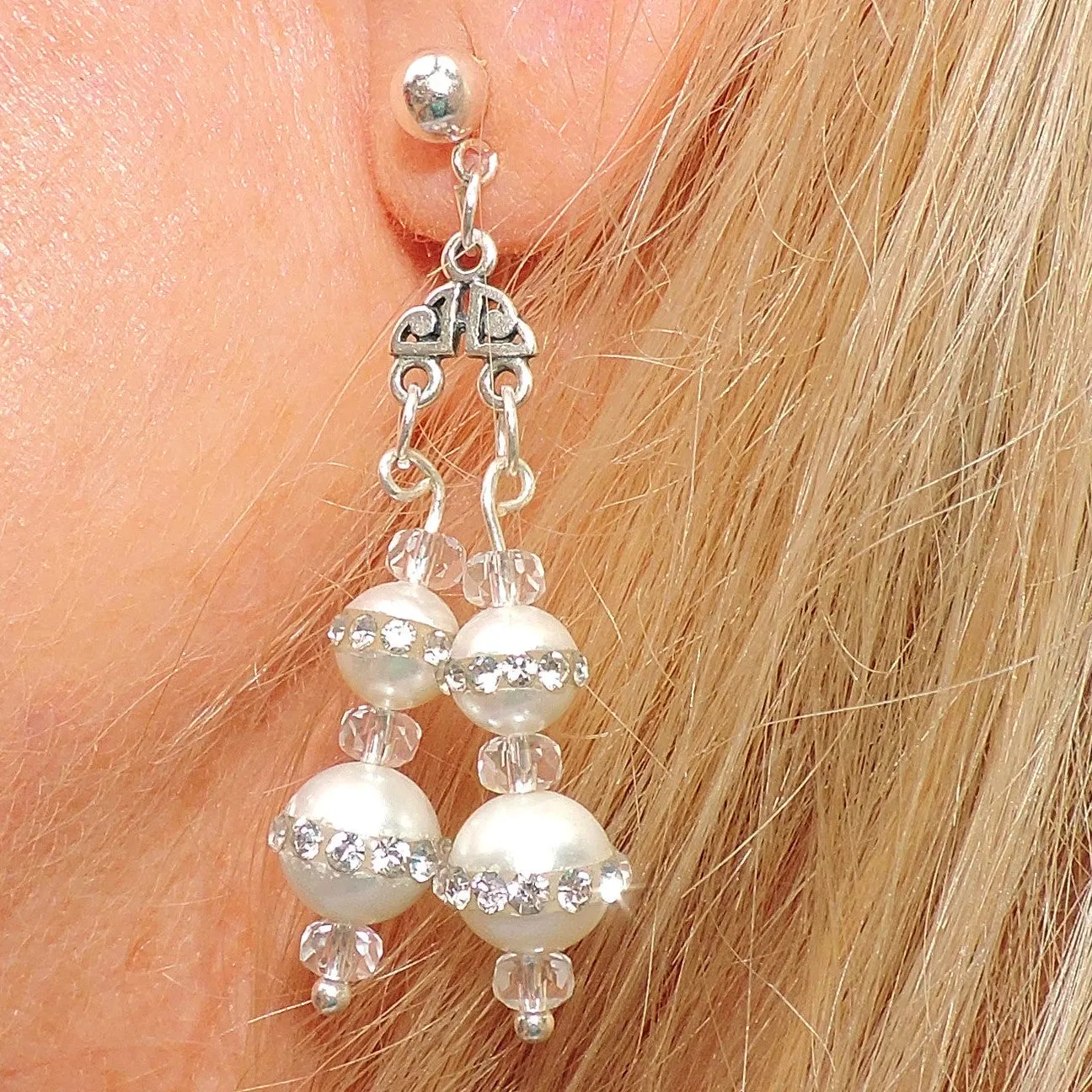 White Pearl and Rhinestone and Swarovski Crystal Dangle Earrings